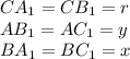 CA_ {1}=CB_ {1} = r \\ AB_ {1}=AC_ {1} = y \\ BA_ {1} =BC_ {1} = x