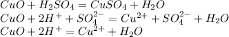 CuO+H_2SO_4=CuSO_4+H_2O\\CuO+2H^++SO_4^{2-}=Cu^{2+}+SO_4^{2-}+H_2O\\CuO+2H^+=Cu^{2+}+H_2O