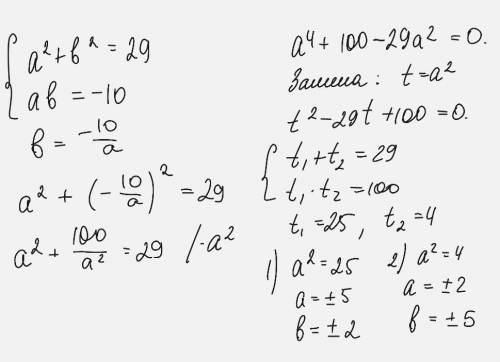 Найдите два числа, сумма квадратов которых равна 29, а произведение этих чисел равно -10. Запишите р