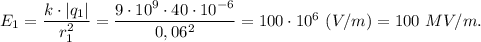 E_1 = \dfrac{k\cdot|q_1|}{r_1^2} = \dfrac{9\cdot10^9\cdot40\cdot10^{-6}}{0,06^2} = 100\cdot10^6~(V/m) = 100 ~MV/m.