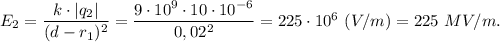 E_2 = \dfrac{k\cdot|q_2|}{(d-r_1)^2} = \dfrac{9\cdot10^9\cdot10\cdot10^{-6}}{0,02^2} = 225\cdot10^6~(V/m) = 225 ~MV/m.