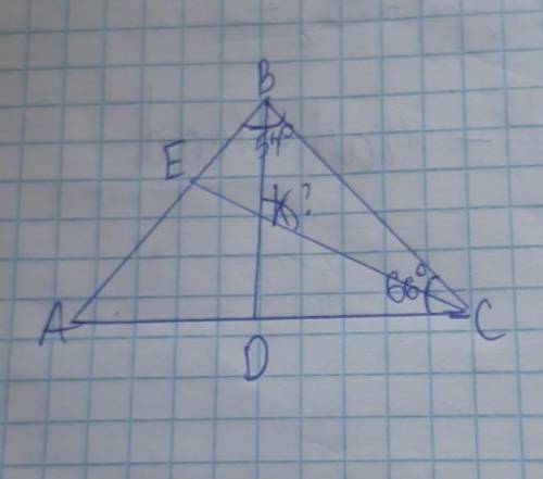 Биссектрисы углов B и C треугольника ABC пересекаются в точке K. Найдите ∠BKC, если ∠B = 54˚, а ∠C =