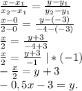 \frac{x-x_1}{x_2-x_1}=\frac{y-y_1}{y_2-y_1} \\\frac{x-0}{2-0}=\frac{y-(-3)}{-4-(-3)} \\\frac{x}{2}=\frac{y+3}{-4+3}\\ \frac{x}{2}=\frac{y+3}{-1}\ |*(-1)\\ -\frac{x}{2}=y+3\\ -0,5x-3=y.