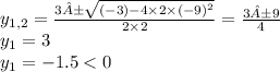 y_{1,2}= \frac{ 3 ± \sqrt{ {( - 3) - 4 \times 2 \times ( - 9)}^{2} } }{2 \times 2} = \frac{3 ± 9}{4} \\ y_{1} = 3 \\ y_{1} = - 1.5 < 0
