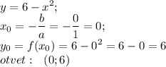 \displaystyle y=6-x^2;\\x_0=-\frac{b}{a} =-\frac{0}{1} =0;\\y_0=f(x_0)=6-0^2=6-0=6\\ otvet:~~(0;6)