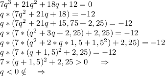 7q^3+21q^2+18q+12=0\\q*(7q^2+21q+18)=-12\\q*(7q^2+21q+15,75+2,25)=-12\\q*(7*(q^2+3q+2,25)+2,25)=-12\\q*(7*(q^2+2*q*1,5+1,5^2)+2,25)=-12\\q*(7*(q+1,5)^2+2,25)=-12\\7*(q+1,5)^2+2,25 0\ \ \ \ \Rightarrow\\q < 0\notin\ \ \ \ \Rightarrow\\
