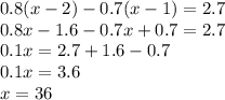 0.8(x - 2) - 0.7(x - 1) = 2.7 \\ 0.8x - 1.6 - 0.7x + 0.7 = 2.7 \\ 0.1x = 2.7 + 1.6 - 0.7 \\ 0.1x = 3.6 \\ x = 36