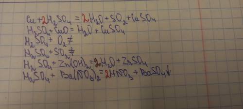 С какими из перечисленных веществ будет реагировать h2so4: Cu, O2,CuO,SO2,Zn(OH)2,Ba(NO3)2