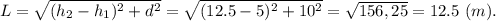 L = \sqrt{(h_2 - h_1)^2 + d^2} = \sqrt{(12.5 - 5)^2 + 10^2} = \sqrt{156,25} = 12.5 ~(m).