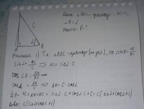 в прямоугольном треугольнике гипотинуза равно с, а острый угол 2. Выразите периметр треугольника чер