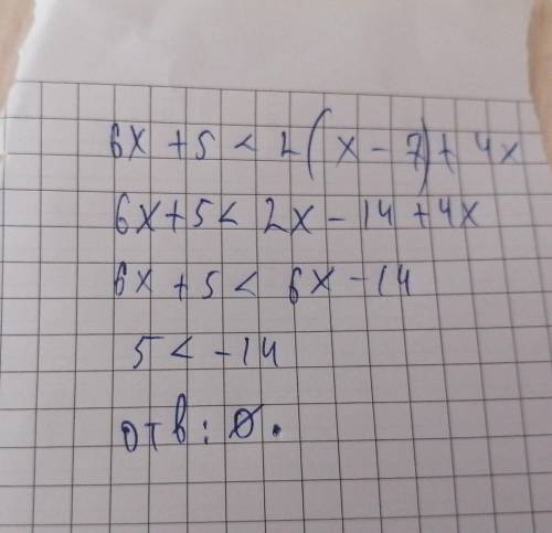 Найдите множество решений неравенства: 6x +5<2(x-7)+4x