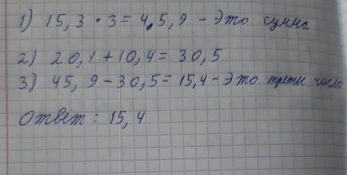 Среднее арифметическое трех чисел равно 15,3. Два из них равны 20,1 и 10,4. Найдите третье число.