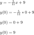 y=-\frac{5}{11}x+9y(0)=-\frac{5}{11}*0+9y(0)=0+9y(0)=9