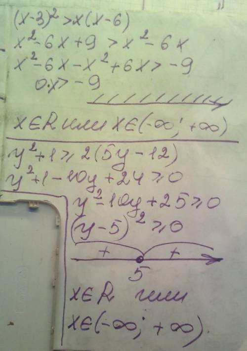 Докажите неравенство: (x-3)^2>x(x-6) y^2+1≥2(5y-12) ,