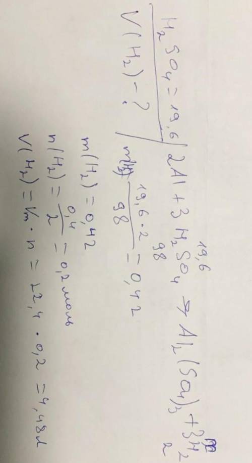 який об'єм водню виділиться під час взаємодії алюмінію з розчином, що містить 19,6 г сульфатної кисл