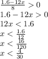 \frac{1.6-12x}{8} 0\\1.6-12x 0\\12x < 1.6\\x < \frac{1.6}{12} \\x < \frac{16}{120} \\x < \frac{4}{30}