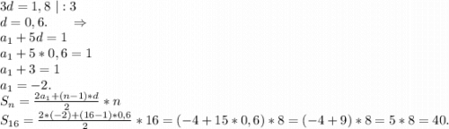 3d=1,8\ |:3\\d=0,6.\ \ \ \ \ \Rightarrow\\a_1+5d=1\\a_1+5*0,6=1\\a_1+3=1\\a_1=-2.\\S_{n}=\frac{2a_1+(n-1)*d}{2}*n\\ S_{16}=\frac{2*(-2)+(16-1)*0,6}{2}*16=(-4+15*0,6)*8=(-4+9)*8=5*8=40.