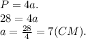 P=4a.\\28=4a\\a=\frac{28}{4} =7 (CM).