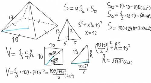 Вычисли площадь полной поверхности и объем правильной четырехугольной пирамиды, если ребро при основ