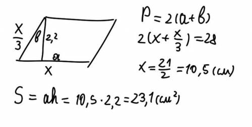 периметр параллелограмма равен 28 см а его высота равна 2.2 найди площадь параллелограмма если извес
