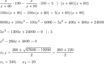 \displaystyle \frac{x}{x+60} \cdot100-\displaystyle \frac{x}{x+80} \cdot100=5\;\;\;|\cdot(x+60)(x+80)100x(x+80)-100x(x+60)=5(x+60)(x+80)8000x+100x^2-100x^2-6000=5x^2+400x+300x+240005x^2-1300x+24000=0\;\;\;|:5x^2-260x+4800=0x_{1,2}=\frac{260\pm\sqrt{67600-19200} }{2}=\frac{260\pm220}{2}\\ \\ x_1=240;\;\;\;\;\;x_2=20