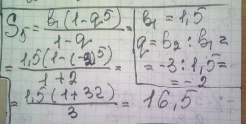 Знайдіть суму перших п'яти членів геометричної прогресії 1,5; -3...