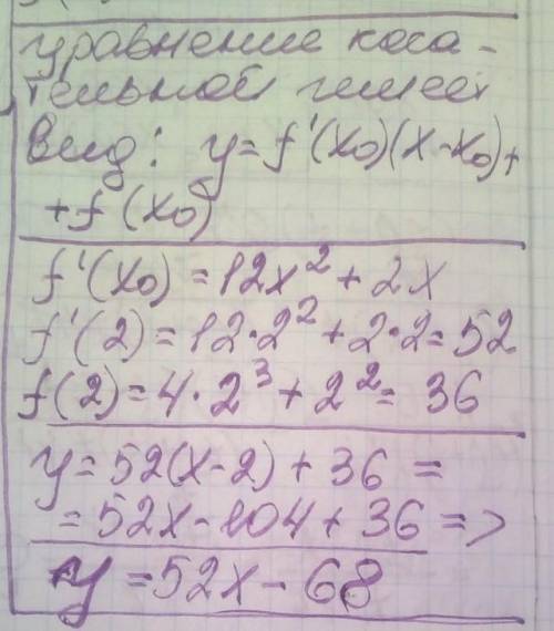 Скласти рівняння дотичної до графіка функції y = 4x^3 + x^2 у точці з абсцисою