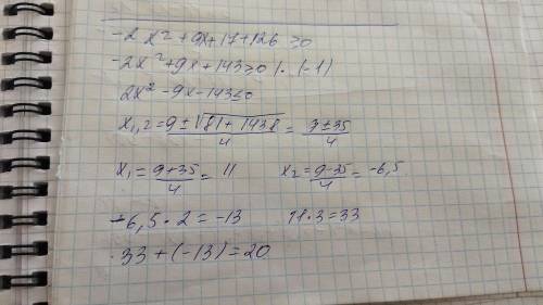 Реши неравенство –2x(x – 4,5) + 17 ≥ –126 методом интервалов и найди сумму удвоенного наименьшего ре