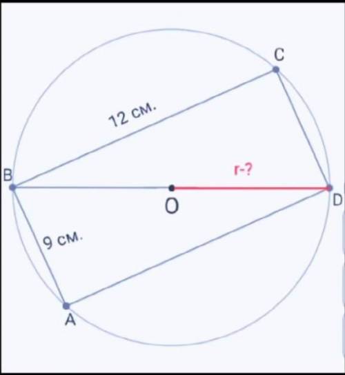 Найдите радиус окружности описанной около прямоугольника со сторонами 9 см и 12 см
