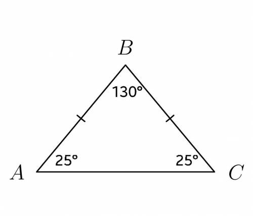 У рівнобедреному трикутнику АВС (АВ=ВС) кут А дорівнює 25 градусів. Чому дорівнює кут В?