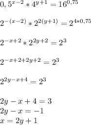 0,5^{x-2}*4^{y+1}=16^{0,75}2^{-(x-2)}*2^{2(y+1)}}=2^{4*0,75}2^{-x+2}*2^{2y+2}=2^32^{-x+2+2y+2}=2^32^{2y-x+4}=2^32y-x+4=3\\2y-x=-1\\x=2y+1