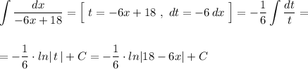 \displaystyle \int \frac{dx}{-6x+18}=\Big[\ t=-6x+18\ ,\ dt=-6\, dx\ \Big]=-\frac{1}{6}\int \frac{dt}{t}==-\frac{1}{6}\cdot ln|\, t\, |+C=-\frac{1}{6}\cdot ln|18-6x|+C
