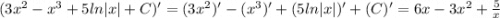 (3x^2-x^3+5ln|x|+C)'=(3x^2)'-(x^3)'+(5ln|x|)'+(C)'=6x-3x^2+\frac{5}{x}