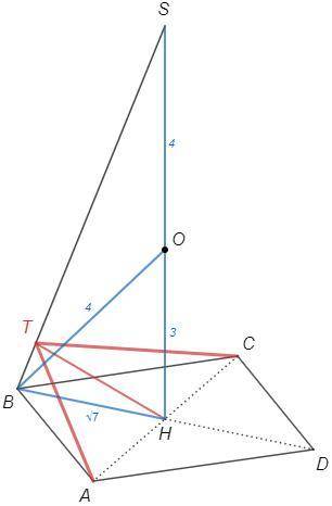 Центр кулі, описаної навколо правильної чотирикутної піраміди, ділить її висоту у відношенні 3:4. Зн
