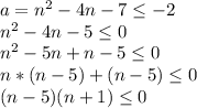 a=n^2-4n-7\leq -2\\n^2-4n-5\leq 0\\n^2-5n+n-5\leq 0\\n*(n-5)+(n-5)\leq 0\\(n-5)(n+1)\leq 0\\