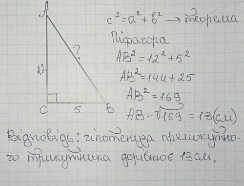 1. Знайдіть гіпотенузу прямого трикутника, катети якого дорівнюють 12см і 5см?