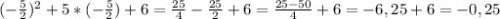(-\frac{5}{2})^{2} + 5*(-\frac{5}{2})+6=\frac{25}{4} -\frac{25}{2} +6 = \frac{25-50}{4}+6= -6,25 + 6 = - 0,25\\