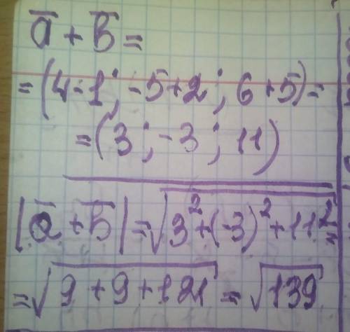 Дано вектори а (4; -5; 6) і в (-1; 2; 5). Знайти: 1) координати вектора а+в; 2) (а+в)