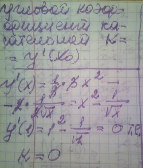 Знайти кутовий коефіцієнт дотичної до графіка функції у=х^3/3 - 2√х Х0=1