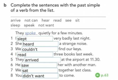 b Complete the sentences with the past simple of a verb from the list. arrive not can hear read see
