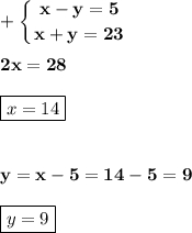 \displaystyle\bf\\+\left \{ {{x-y=5} \atop {x+y=23}} \right.\\\\ 2x=28boxed{x=14}y=x-5=14-5=9boxed{y=9}