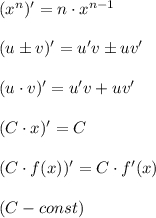 (x^n)' = n \cdot x^{n-1}  (u \pm v)' = u 'v \pm uv' (u\cdot v)' = u'v + uv'  (C\cdot x )' = C  (C\cdot f(x) ) ' = C \cdot f'(x)  (C-const)