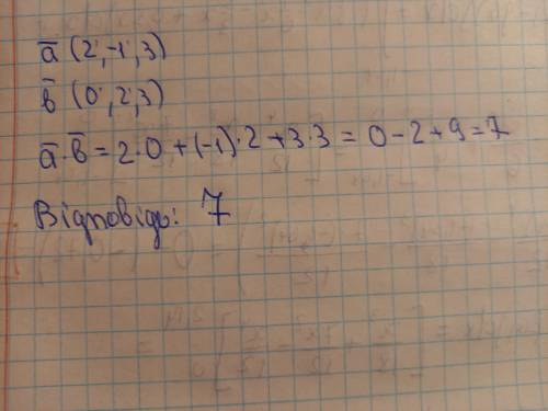 Знайди скалярний добуток векторів а(2;-1;3) та b(0;2;3)