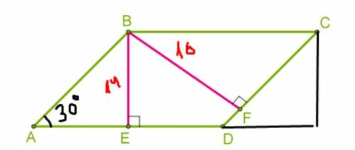 Высоты параллелограмма 14 см и 16 см, а угол между сторонами 30*. Найдите площадь параллелограмма