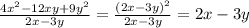 \frac{4x^2-12xy+9y^2}{2x-3y}=\frac{(2x-3y)^2}{2x-3y}=2x-3y