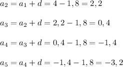 a_2=a_1+d=4-1,8=2,2a_3=a_2+d=2,2-1,8=0,4a_4=a_3+d=0,4-1,8=-1,4a_5=a_4+d=-1,4-1,8=-3,2