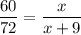 \dfrac{60}{72} =\dfrac{x}{x+9} \\