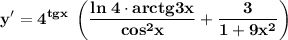 \displaystyle\bf y'=4^{tgx}\;\left(\frac{ln\;4\cdot{arctg3x}}{cos^2x} +\frac{3}{1+9x^2}\right)