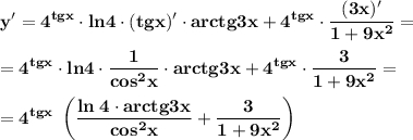 \displaystyle\bf y'=4^{tgx}\cdot{ln4}\cdot(tgx)'\cdot{arctg3x+4^{tgx}\cdot\frac{(3x)'}{1+9x^2} }==4^{tgx}\cdot{ln4}\cdot{\frac{1}{cos^2x} }\cdot{arctg3x+4^{tgx}\cdot\frac{3}{1+9x^2} }==4^{tgx}\;\left(\frac{ln\;4\cdot{arctg3x}}{cos^2x} +\frac{3}{1+9x^2}\right)