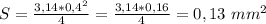 S = \frac{3,14 * 0,4^{2} }{4}= \frac{3,14 * 0,16}{4} = 0,13 \ mm^{2}